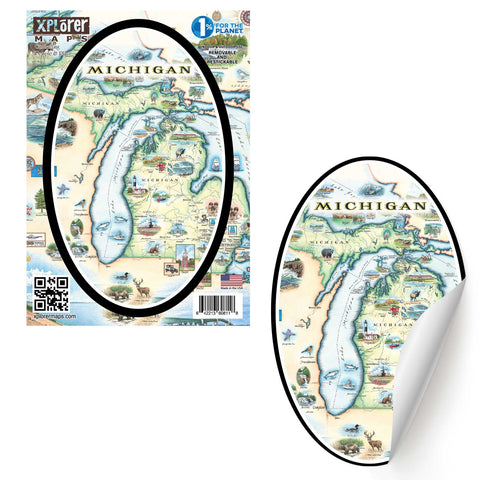Michigan State Map Stickers by Xplorer Maps. Featuring the Great Lakes, Detroit, Ann Arbor, Grand Rapids, and Lansing. The Print also features Nature, animals, ducks, deer, fish, moose lighthouses, wolverines, and the Mackinac Bridge.