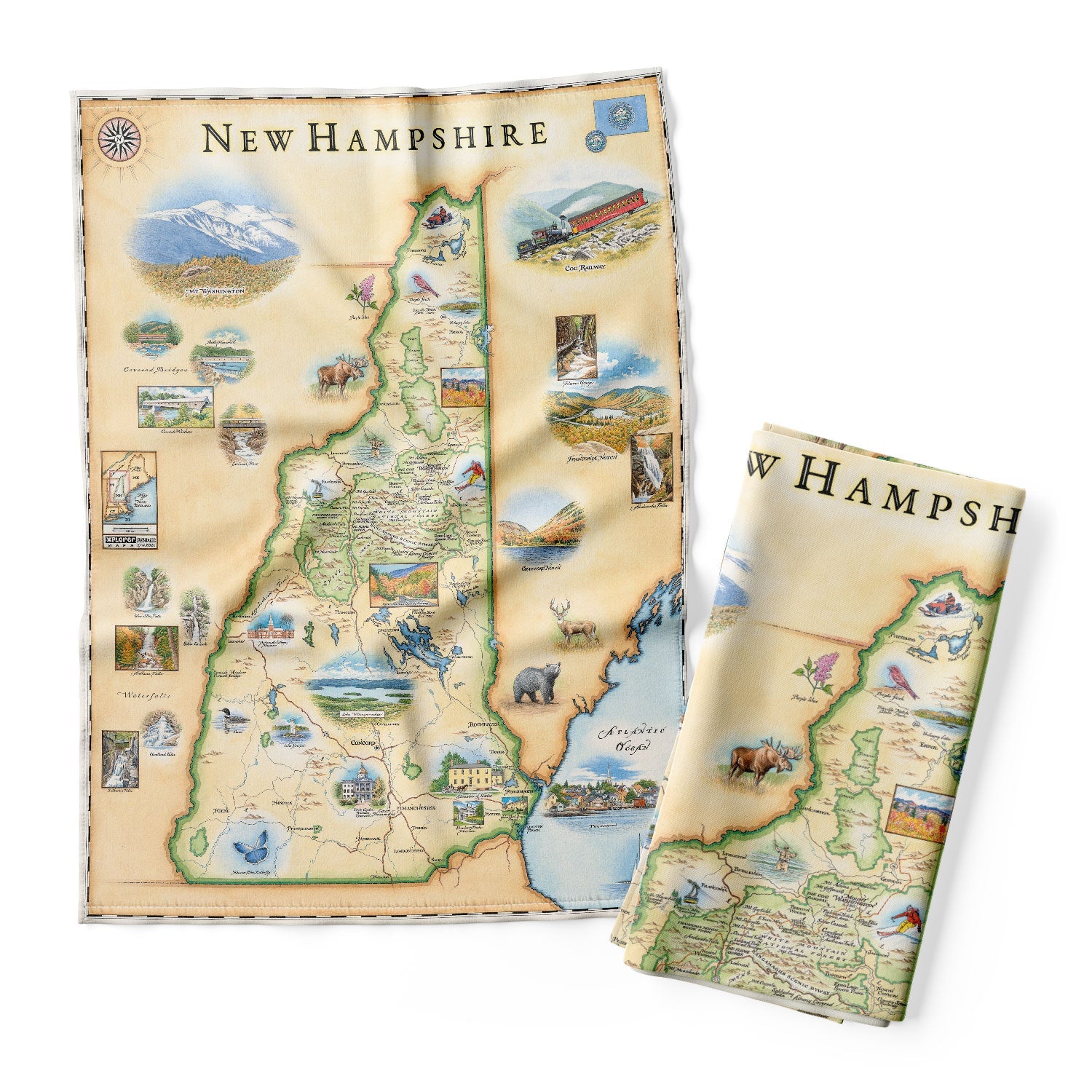 New Hampshire state map Kitchen Dishwashing Towel featuring the Cog Train, Mt. Washington, waterfalls. moose, black bear, deer, birds, and snow mobiles.  