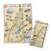 New Hampshire state map Kitchen Dishwashing Towel featuring the Cog Train, Mt. Washington, waterfalls. moose, black bear, deer, birds, and snow mobiles.  
