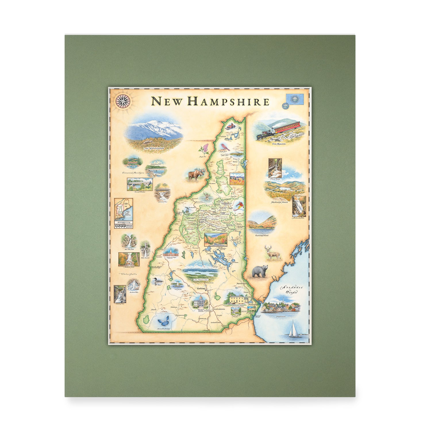 New Hampshire State Mini-Maps by Xplorer Maps in earth tones beige and green. The map features illustrations of the Cog Railway, Crawford Notch, Portsmouth, moose, deer, and Mount Washington. 