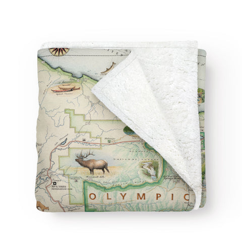 Folded Olympic National Park Blanket with unique map. Hand drawn and painted map. Warm blanket.