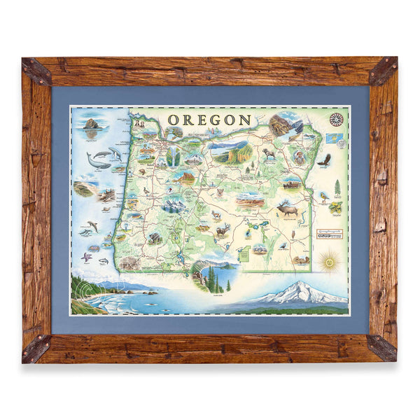 Oregon State hand-drawn map in earth tones blues and greens. The map print is framed in Montana hand-scraped pine with a blue mat.