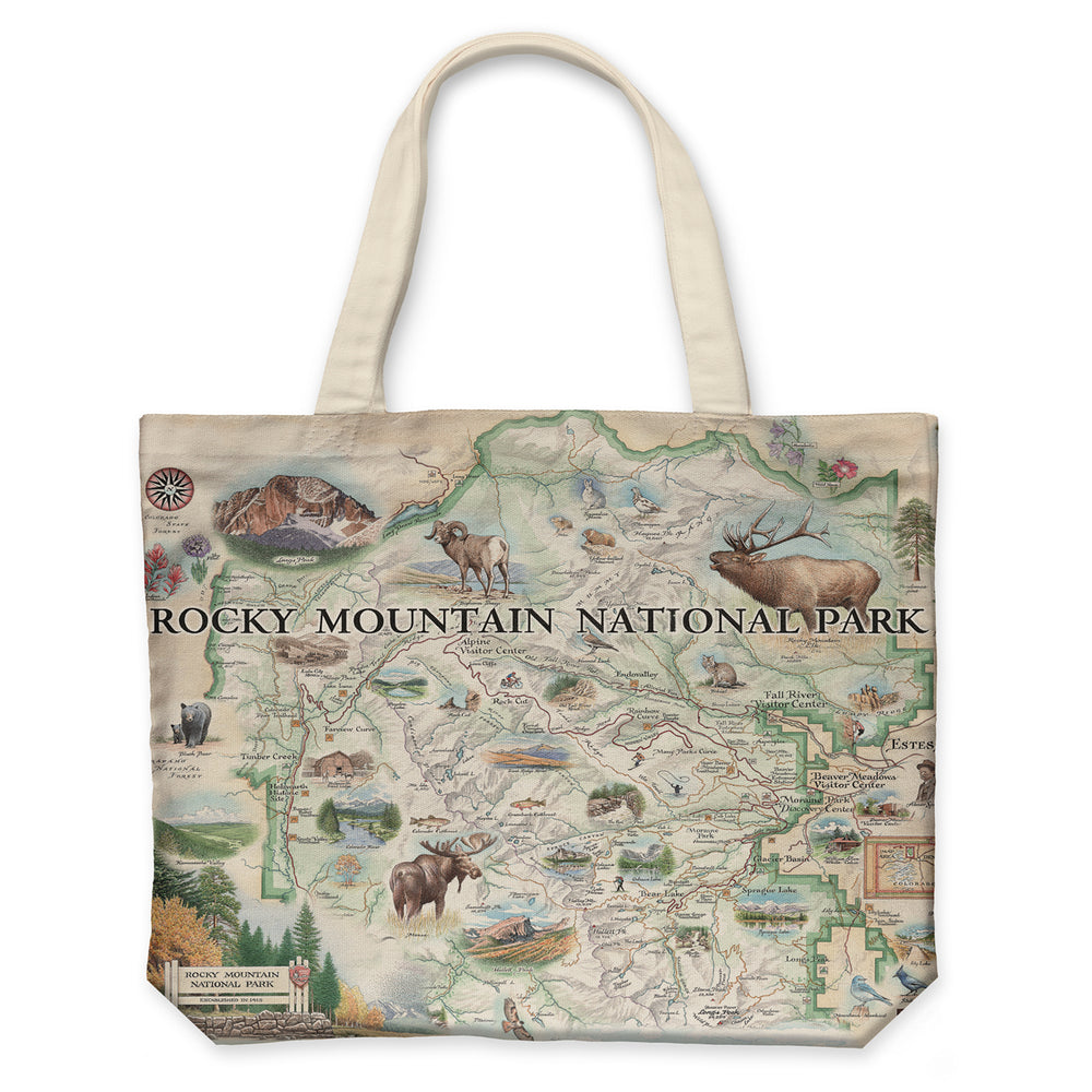 Rocky Mountain National Park Map Canvas Tote Bags by Xplorer Maps. The map features illustrations of places like Trail Ridge Road, Mount Ganby, Estes Park, and the Alpine Visitor Center. Flora and fauna include bobcats, snowshoe hares, Indian paintbrushes, and wild roses.