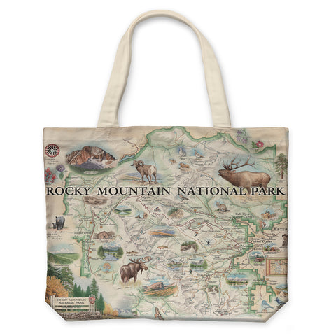 Rocky Mountain National Park Map Canvas Tote Bags by Xplorer Maps. The map features illustrations of places like Trail Ridge Road, Mount Ganby, Estes Park, and the Alpine Visitor Center. Flora and fauna include bobcats, snowshoe hares, Indian paintbrushes, and wild roses.