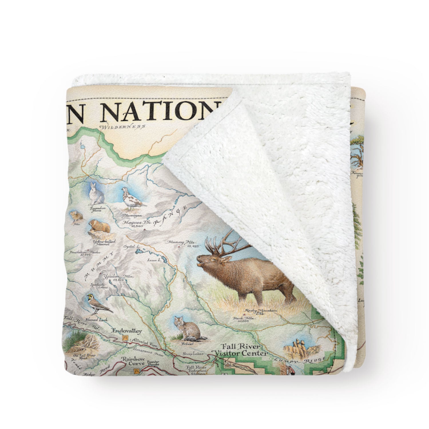 Folded blanket with map of Rocky Mountain National Park. Artist made.