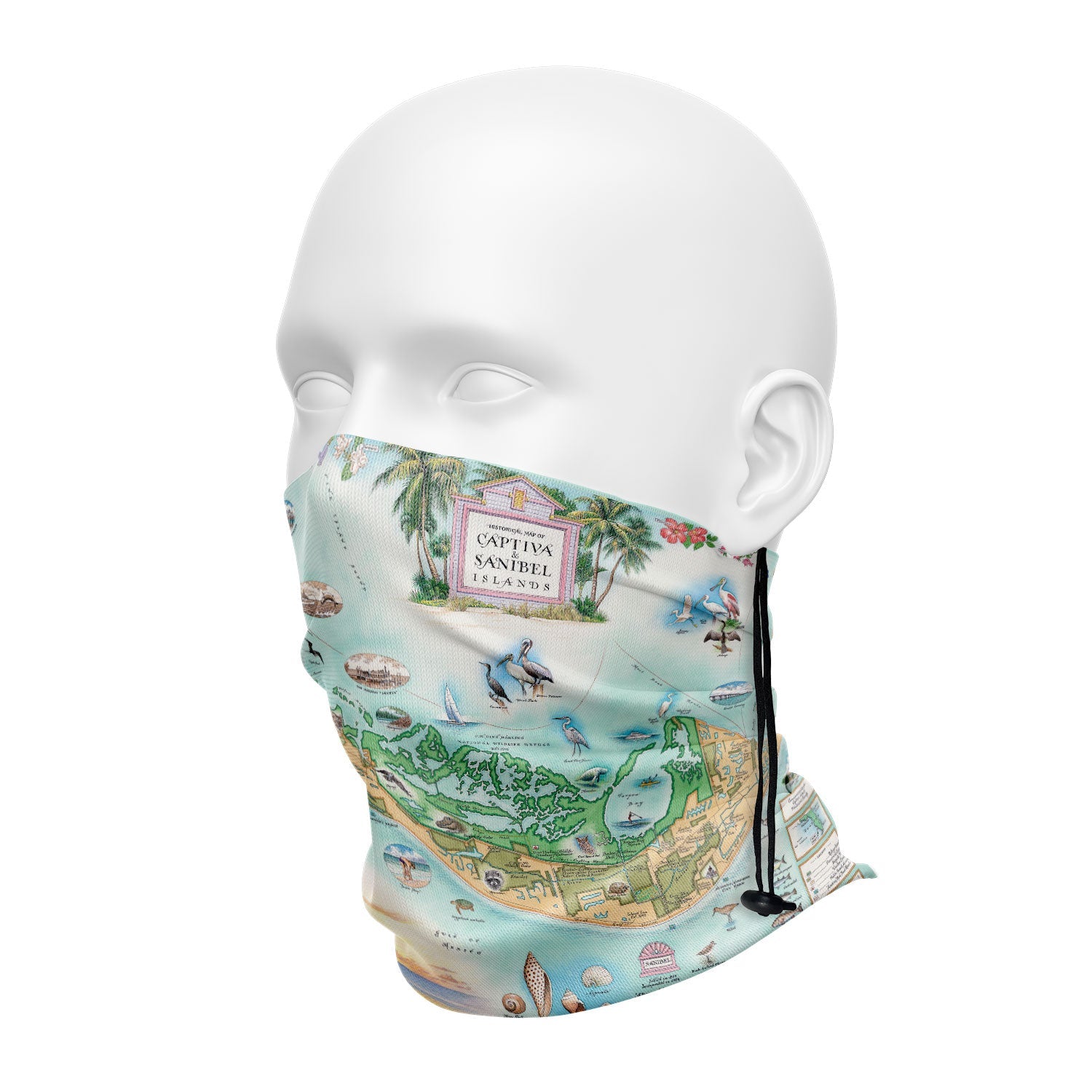 Florida's Sanibel & Captiva Islands Map Neck Gaiter in blue and greens shades. Featuring shells, sea birds, water sport activities. 