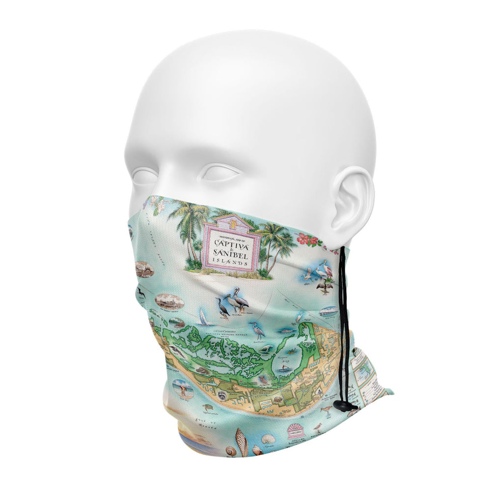 Florida's Sanibel & Captiva Islands Map Neck Gaiter in blue and greens shades. Featuring shells, sea birds, water sport activities. 