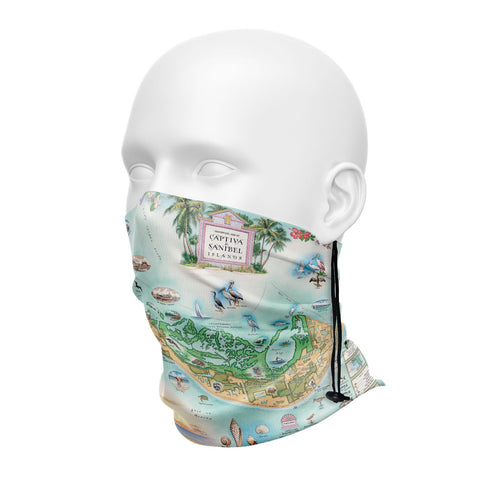 Florida's Sanibel & Captiva Islands Map Neck Gaiter in blue and greens shades. Featuring shells, sea birds, water sport activities. 