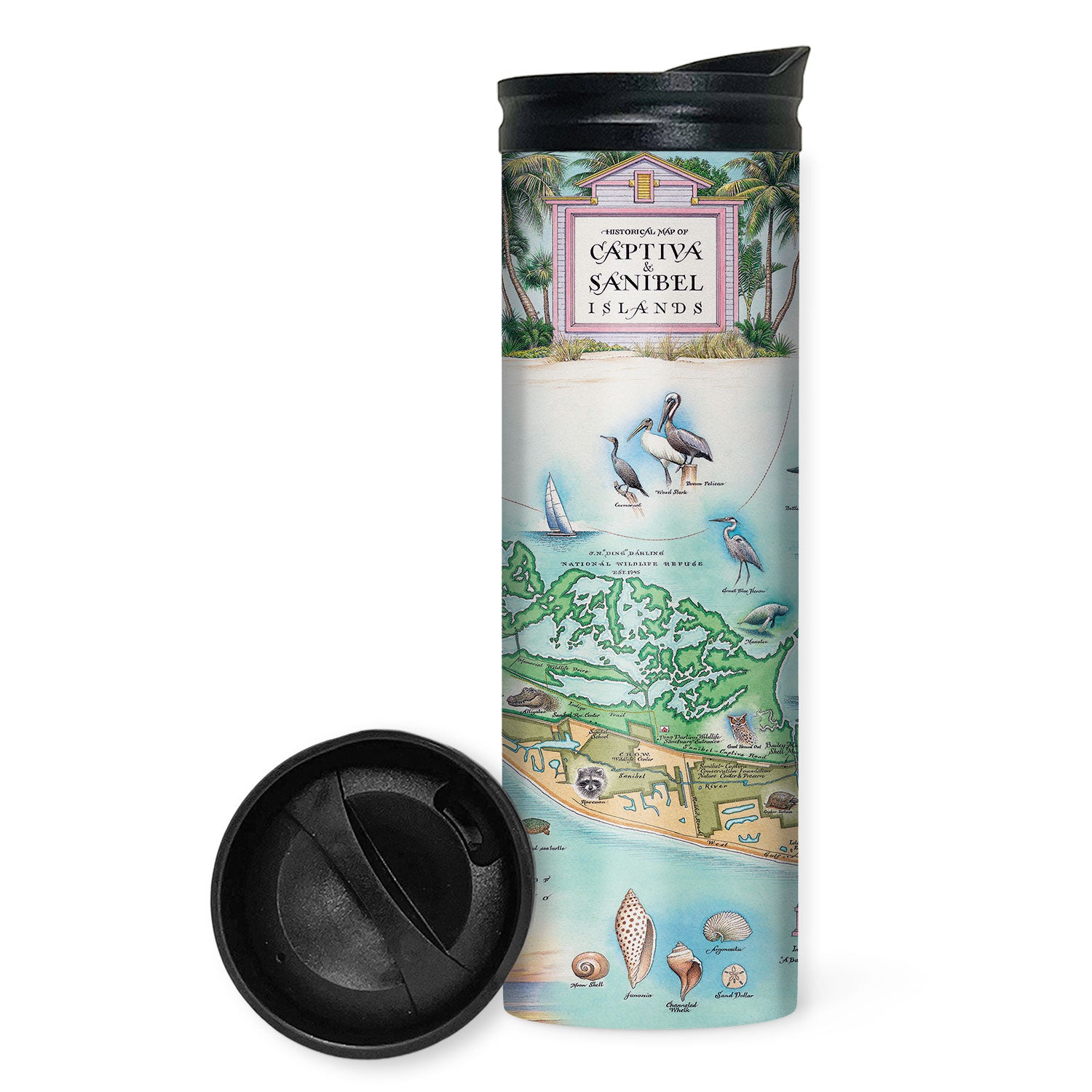 Florida's Sanibel & Captiva Islands Map  travel drinkware by Xplorer Maps. The map features illustrations of places such as Ding Darling Wildlife Sanctuary, Bailey-Matthews Shell Museum, and Sanibel Lighthouse. Flora and fauna include the Loggerhead sea turtle, Manatee, and Great Blue Heron. Many other birds and sea animals are illustrated.