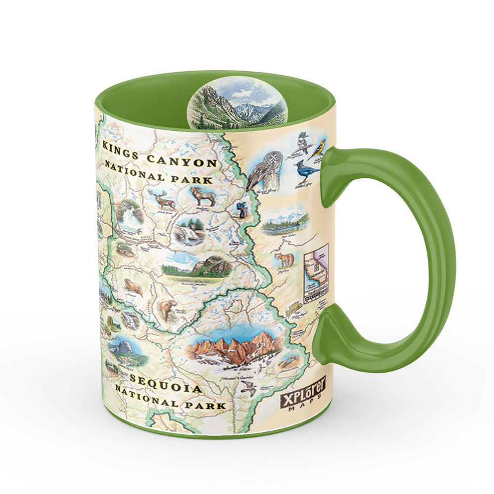 Green Sequoia & Kings Canyon National Parks ceramic mug featuring Giant Forest, Mount Whitney, John Muir Lodge. Flora/fauna: mule deer, red fox, Sierra Purple shooting star flowers, California poppy