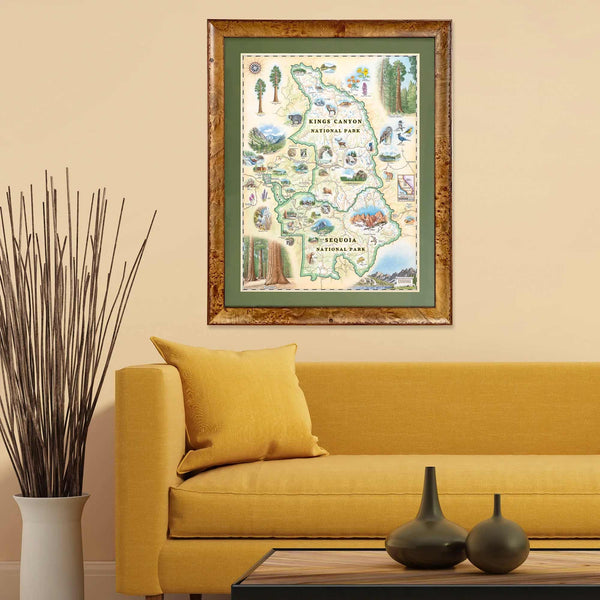 Xplorer Maps Sequoia & Kings Canyon National Parks map hanging above a yellow couch.