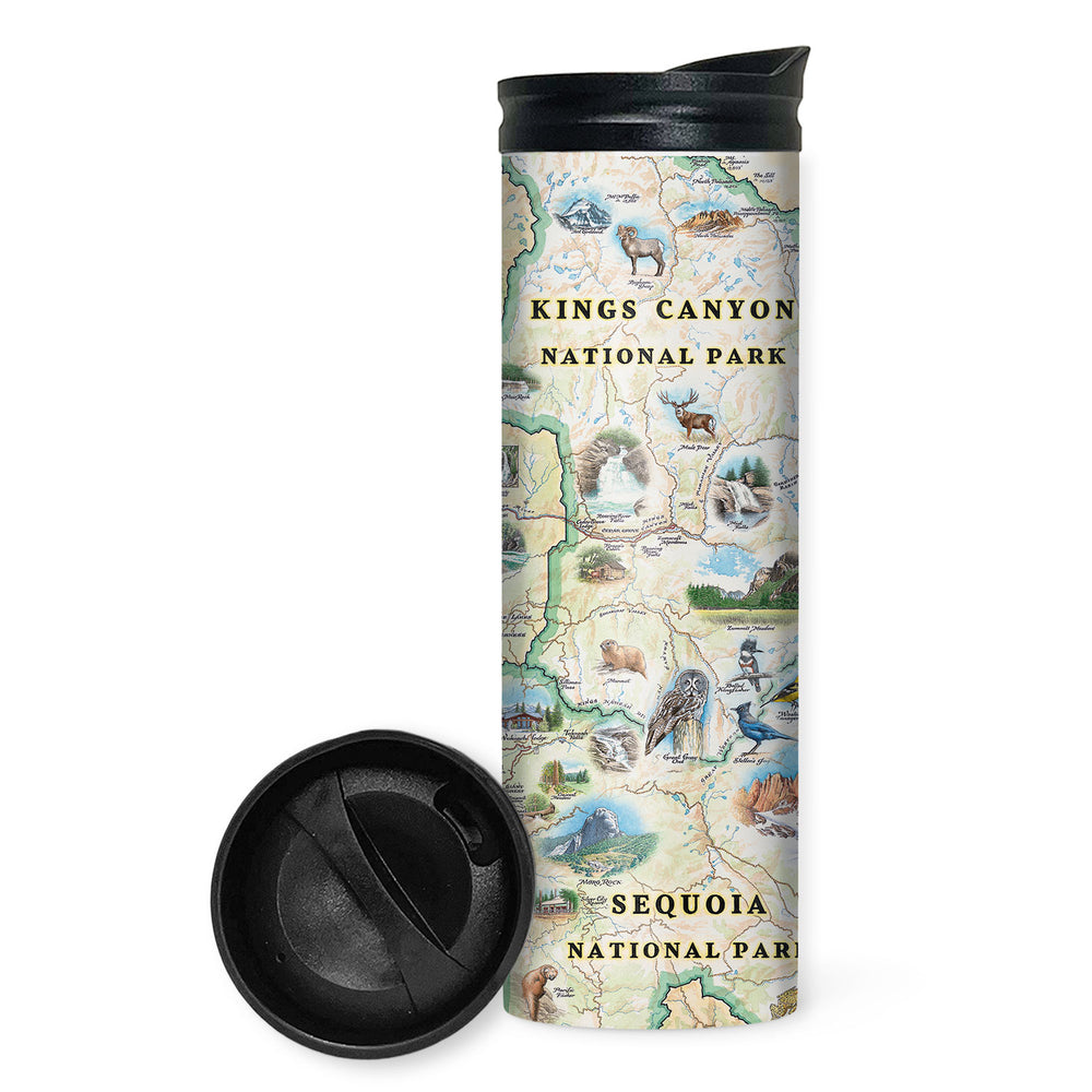 Sequoia and Kings Canyon National Parks 16 oz travel Bottle in earth tones. The map features illustrations of the Giant Forest, Mount Whitney, and the John Muir Lodge. Flora and fauna include mule deer, red fox, Sierra Purple shooting star flowers, and California poppy.