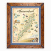 Shenandoah National Park hand-drawn map in earth tones blues and greens. The map print is framed in Montana hand-scraped pine with a blue mat.