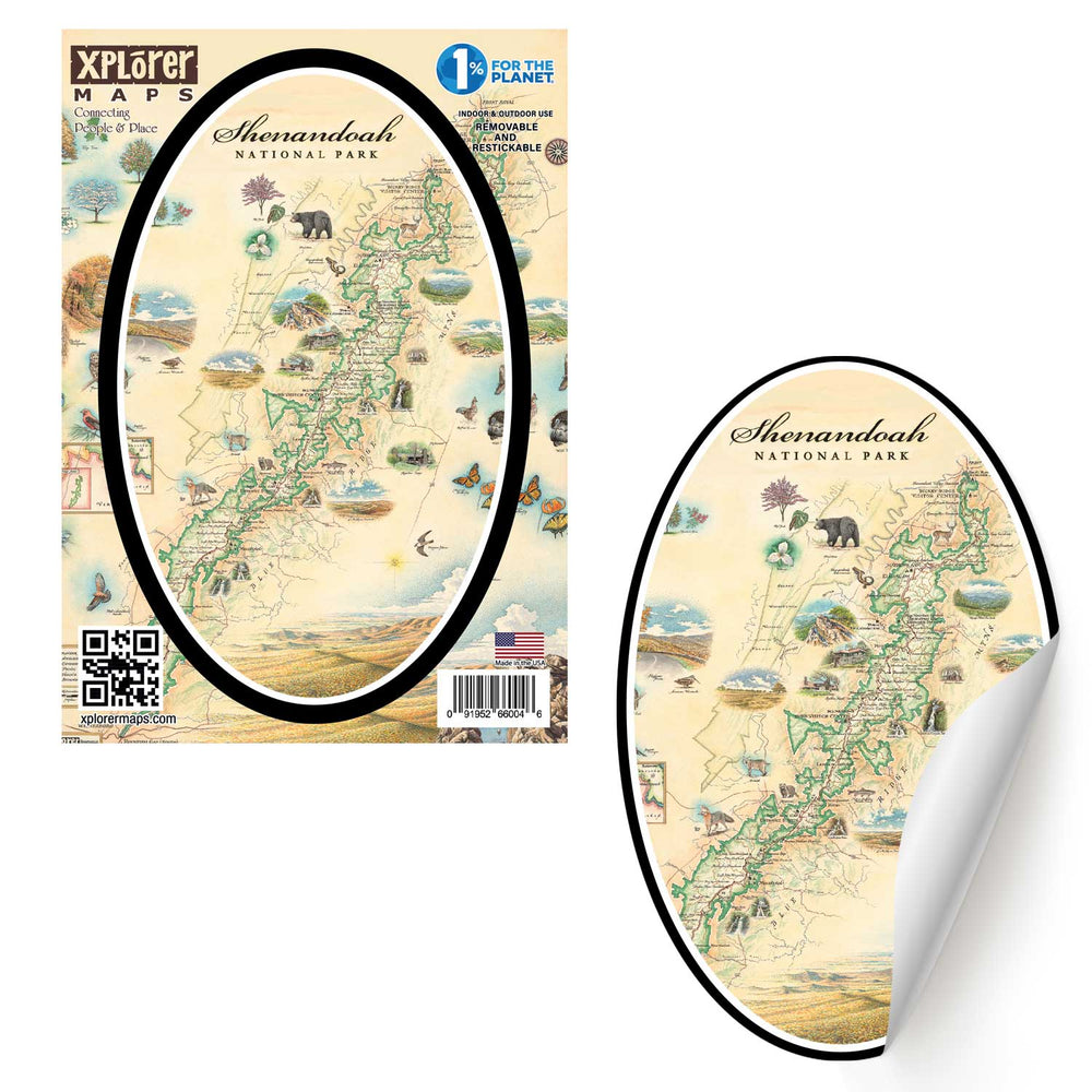 Shenandoah National Park Map Sticker by Xplorer Maps. The map includes illustrations of places such as Skyline Drive, Byrd Visitor Center, and Big Meadows Lodge. Flora and fauna include bobcats, wild turkeys, trillium flowers, a dogwood tree, and a black bear with cubs. 