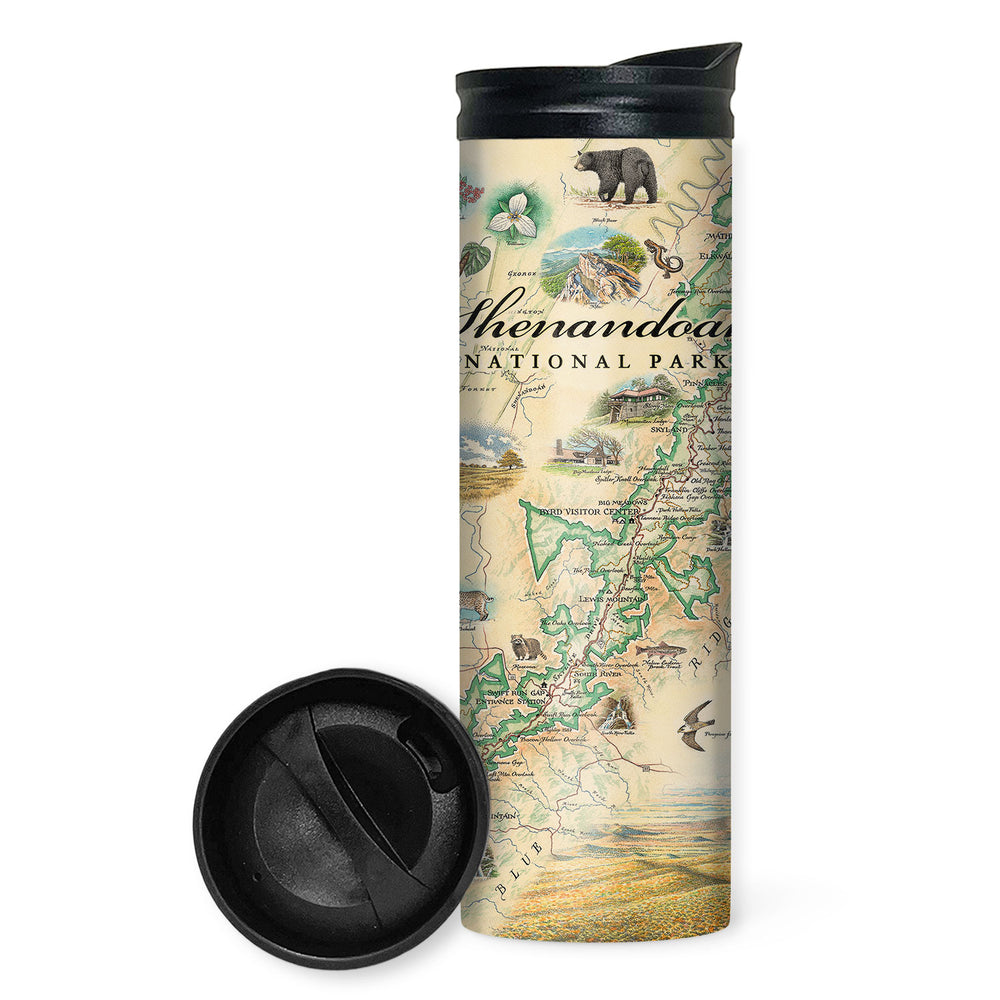 Shenandoah National Park Map 16 oz Travel Drinkware bottles in earth tone colors. The map includes illustrations of places such as Skyline Drive, Byrd Visitor Center, and Big Meadows Lodge. Flora and fauna include bobcats, wild turkeys, trillium flowers, a dogwood tree, and a black bear with cubs. 