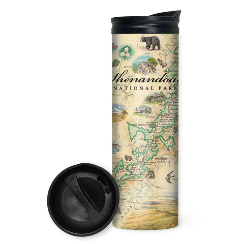 Shenandoah National Park Map 16 oz Travel Drinkware bottles in earth tone colors. The map includes illustrations of places such as Skyline Drive, Byrd Visitor Center, and Big Meadows Lodge. Flora and fauna include bobcats, wild turkeys, trillium flowers, a dogwood tree, and a black bear with cubs. 