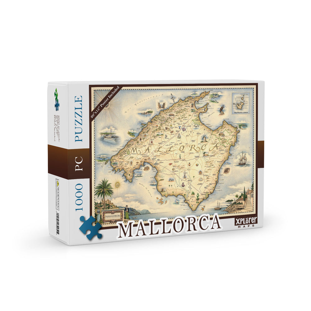 Spain's Mallorca Island Map Jigsaw Puzzle by Xplorer Maps.  Includes illustrations of Capital Palma, Moorish Almudaina royal palace, and 13th-century Santa María Cathedral. Flora & Fauna including birds, fish, Palm Trees, and Starfish. 