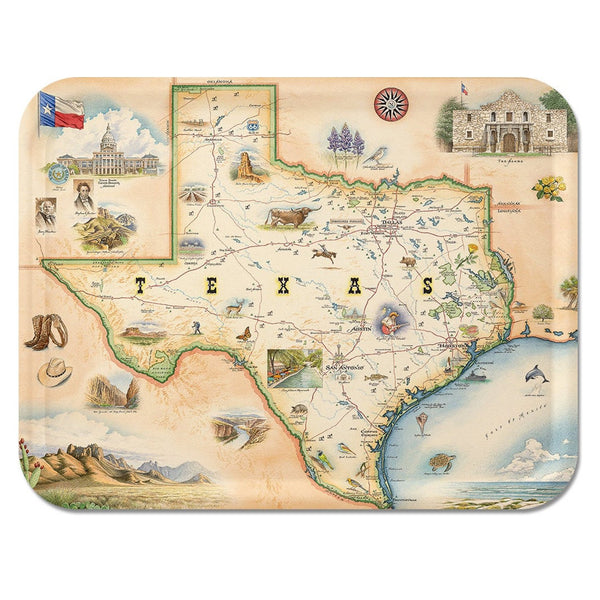 Large Rectangle Serving Tray with a map of Texas featuring various icons and landmarks.