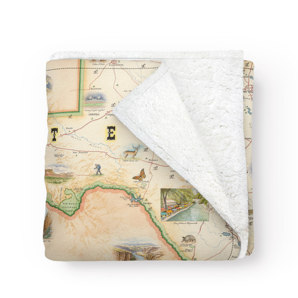 Texas state map on a fleece blanket. Artistic, full-color map. Measures 58"x50."