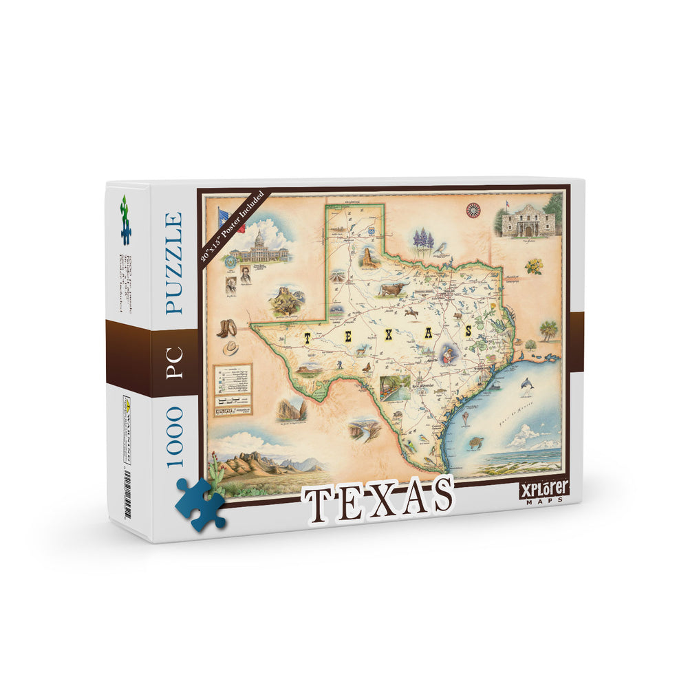 Texas State Map Jigsaw Puzzle by Xplorer Maps. Features illustrations of places such as the Alamo, San Antonio Riverwalk, and Guadalupe National Park. Flora and fauna include venus flytrap, longhorns, Monarch butterfly, and armadillo. 