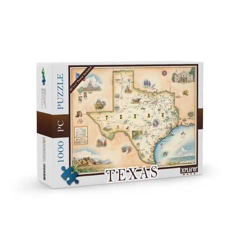 Texas State Map Jigsaw Puzzle by Xplorer Maps. Features illustrations of places such as the Alamo, San Antonio Riverwalk, and Guadalupe National Park. Flora and fauna include venus flytrap, longhorns, Monarch butterfly, and armadillo. 