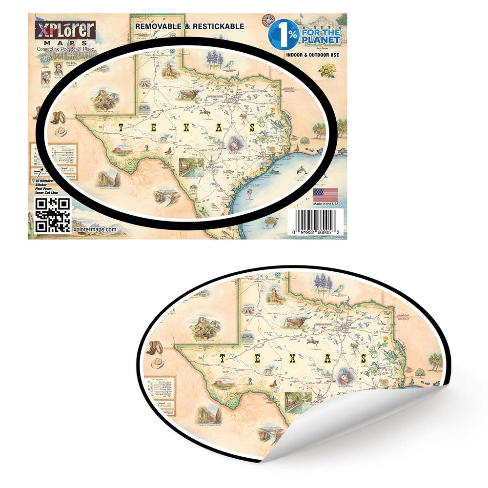 Texas State Map Sticker by Xplorer Maps. The map features illustrations of places such as the Alamo, San Antonio Riverwalk, and Guadalupe National Park. Flora and fauna include Venus flytraps, longhorns, Monarch butterflies, and armadillos.