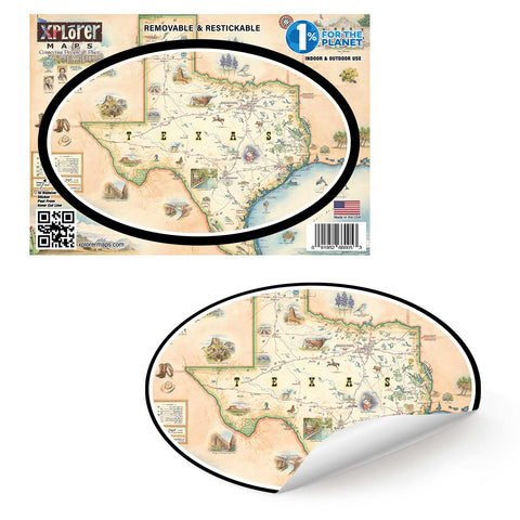 Texas State Map Sticker by Xplorer Maps. The map features illustrations of places such as the Alamo, San Antonio Riverwalk, and Guadalupe National Park. Flora and fauna include Venus flytraps, longhorns, Monarch butterflies, and armadillos.