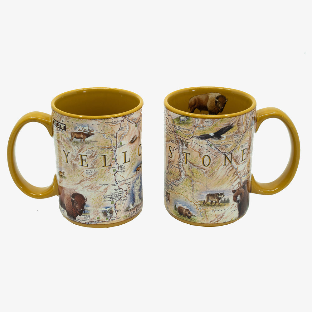 Two Yellow 16 oz Yellowstone National Park ceramic coffee mug. The mug features wolf, Grizzly Bear, Bald Eagle, bison , elk, and Old Faithful.