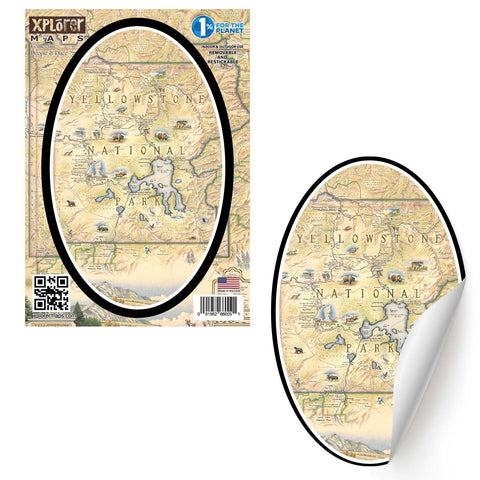 Yellowstone National Park Map Sticker by Xplorer Maps. The map features illustrations of places such as Yellowstone Lake, Old Faithful, and Roosevelt Tower. Flora and fauna include mountain lions, world, grizzly bears, fireweed, and lupine.