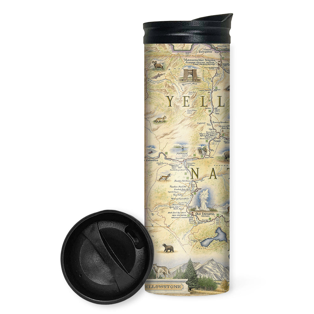Yellowstone National Park Map 16 oz Travel Drinkware Bottle in earth tone colors. Features illustrations of places such as Yellowstone Lake, Old Faithful, and Roosevelt Tower. Flora and fauna include mountain lions, world, grizzly bears, fireweed, and lupine.