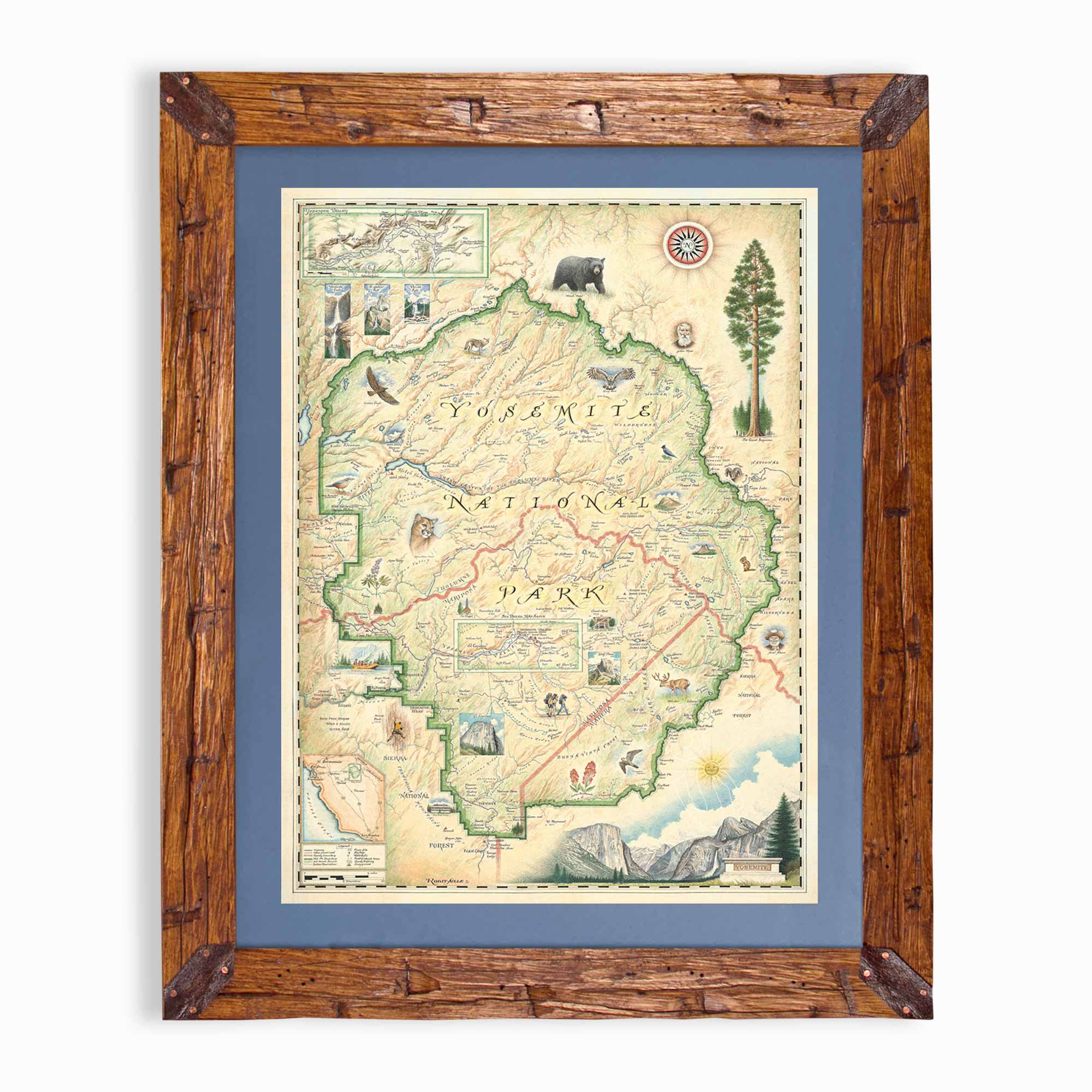 Yosemite National Park hand-drawn map in earth tones blues and greens. The map print is framed in Montana hand-scraped pine with a blue mat.