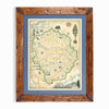 Yosemite National Park hand-drawn map in earth tones blues and greens. The map print is framed in Montana hand-scraped pine with a blue mat.