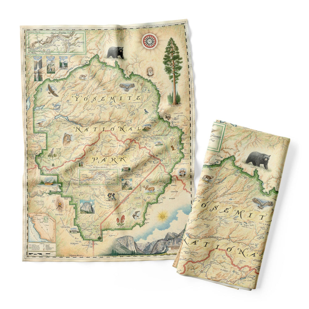 Yosemite National Park Map Kitchen Towels in earth tones beige and green feature illustrations of places such as Vernall falls, El Capitan, and Half Dome. Flora and fauna include mule deer, paintbrush, grey owl, and coyote. Other illustrations include John Muir, mountain climbing, hiking, and Ansel Adams.