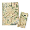 Yosemite National Park Map Kitchen Towels in earth tones beige and green feature illustrations of places such as Vernall falls, El Capitan, and Half Dome. Flora and fauna include mule deer, paintbrush, grey owl, and coyote. Other illustrations include John Muir, mountain climbing, hiking, and Ansel Adams.