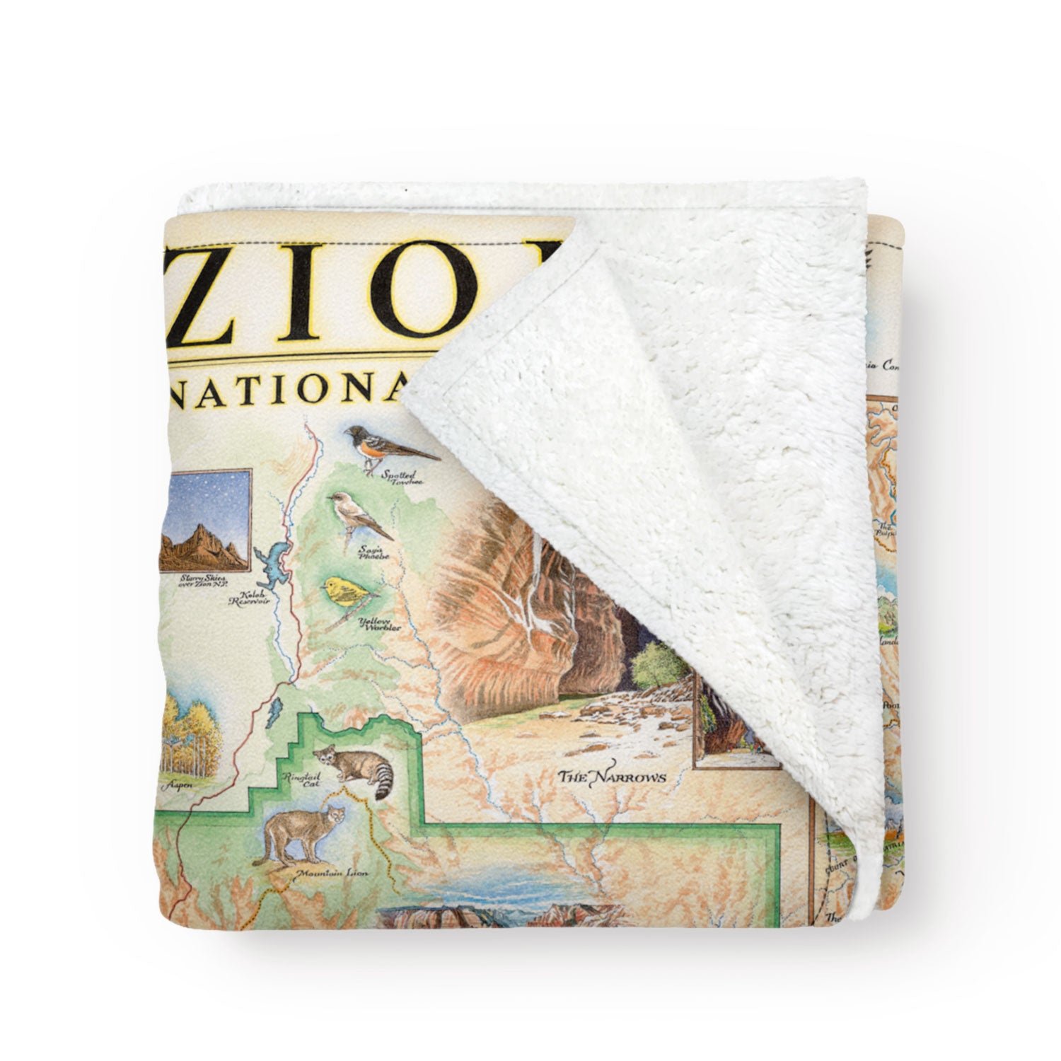 Zion National Park map hand-drawn and painted on a cozy fleece blanket.